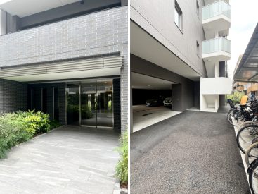 緑のエントランス。駐車場・駐輪場も敷地内にあります。