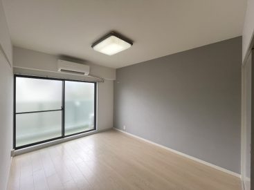 間取り図左の部屋。グレーの壁と収納がひとつあります。
