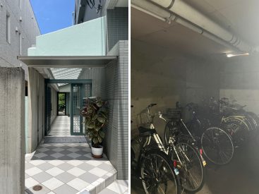 マンションのエントランス。駐輪場は屋内にあります。