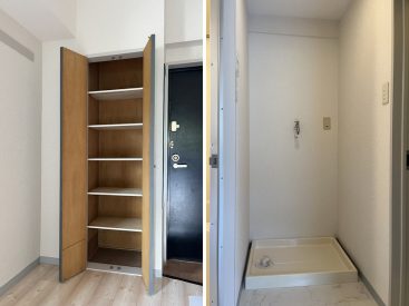 DKの収納。棚が多くストック品にちょうどいいです。洗濯機置き場も。