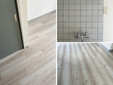 DKと6.4帖は仕切りのように床が変わっています。キッチンのタイルも愛らしく。