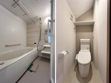 身体を包むような浴槽のお風呂。トイレは階段付近に位置しています。