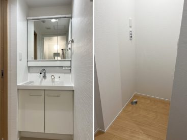 収納しっかりの洗面台。洗濯機は廊下に。