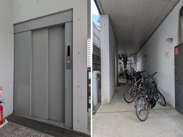 エレベータ、駐輪場。