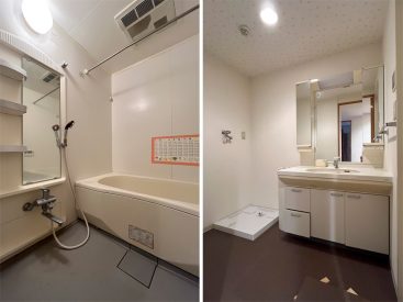 バスルームは追い焚き機能付き。脱衣所に洗濯機置き場。
