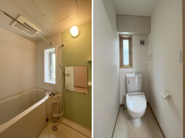 緑のカラーが入った浴室。トイレには小窓も。