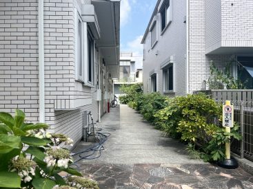 グレーの外観に草木が落ち着きをくれます。