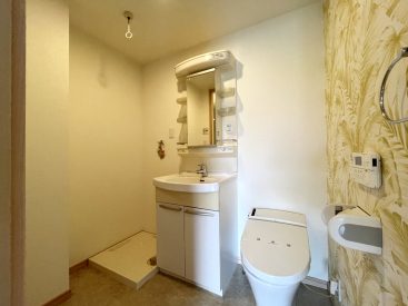 洗面・脱衣所。トイレはオープンなつくりです。