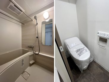 大きめの浴槽が好印象のお風呂。トイレはタンクレス。
