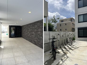 高級感のあるマンションです。駐輪場は建物の裏手に。