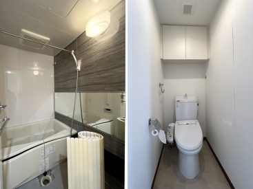 浴室乾燥付きのお風呂、リラックスできる空間です。トイレは収納とゆとりの広さがうれしいポイント。