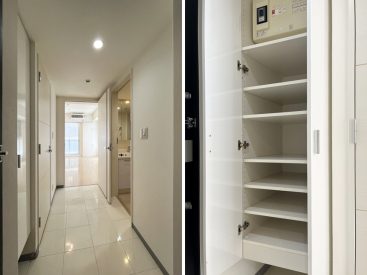 居室までフラットなタイル床でできた玄関。シューズボックスあります。