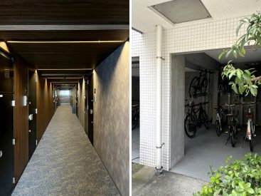 ホテルライクなマンション廊下。駐輪場は半屋内に。