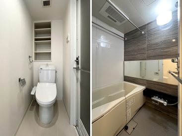 トイレはオープンなつくり。浴室はリラックスできる空間です。
