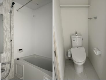 お風呂は浴室乾燥付き。トイレ内には収納棚があります。