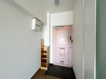 玄関扉はレトロマンションのまま。オープンな靴箱もあります。