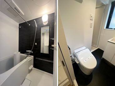 築浅で綺麗な浴室。トイレはタンクレスのオープンなつくり。