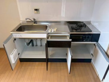 予想通りの収納。背中側に食器棚兼カウンターを置いてもよし。