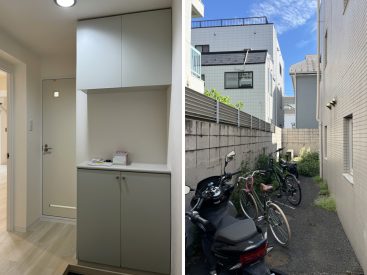 玄関にはシューズボックス。敷地内に駐輪場があります。
