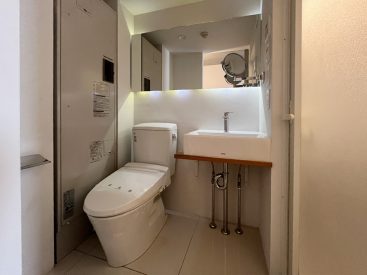 コンパクトにまとまりながらも、鏡や間接照明で雰囲気の出た水まわり。トイレはオープンタイプ。