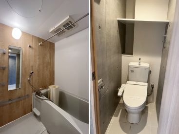浴室乾燥つきのお風呂。トイレはRC打ちっぱなしでちょっとかっこよく。