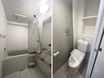 浴室乾燥機付きのお風呂。トイレは便利な収納棚があります。