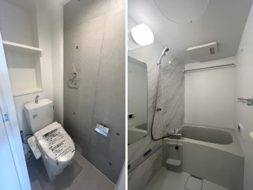 トイレは便利な収納棚付き。お風呂は浴室乾燥機付き。