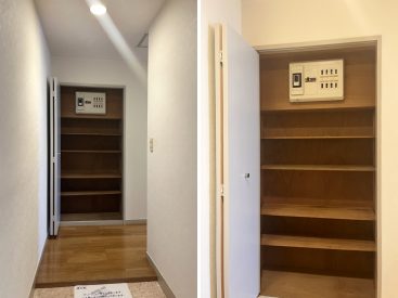 玄関目の前にはシューズボックスがひとつ。