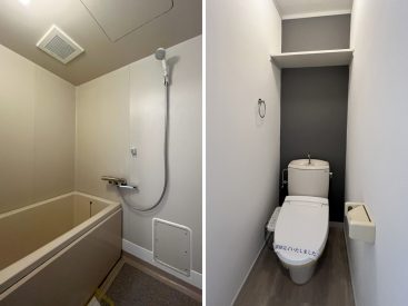 シンプルな浴室に、トイレには収納棚が。