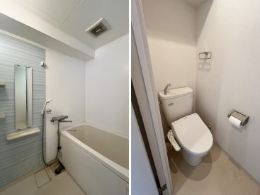 爽やかなブルーパネルの浴室。トイレは温水洗浄のもの。