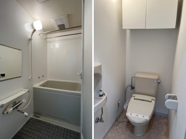 乾燥機のある浴室。トイレ内には手洗いがあります。