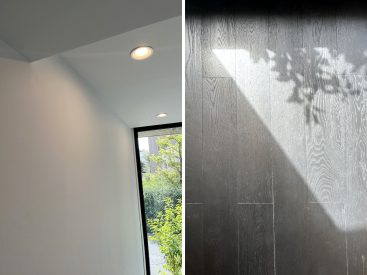 白い天井・壁に濃い色の床のコントラスト。