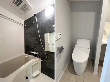 浴室乾燥付きのお風呂。トイレはすっきりとタンクレスのもの。