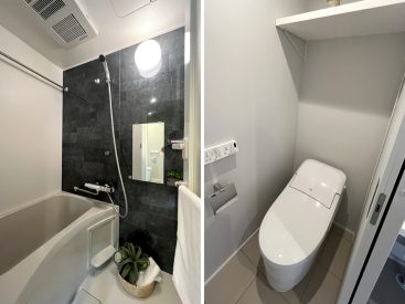 浴室乾燥付きのお風呂。トイレはすっきりとタンクレスのもの。