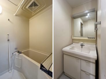 シンプルな浴室。あると生活が変わる洗面台も。