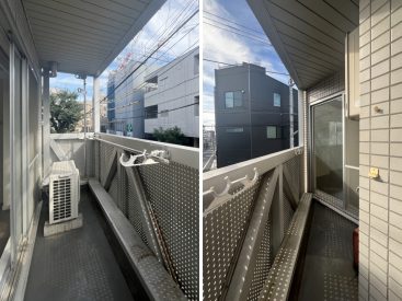 バルコニーは部屋の変形に合わせて角度が違います。南東の日差しを満遍なく浴びて。