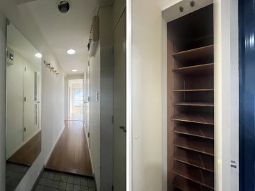 玄関にはたっぷり収納の靴箱。姿見もあります。