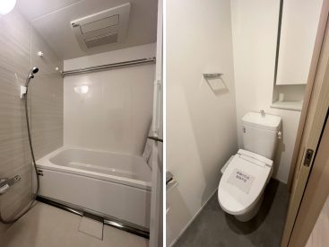 浴室乾燥付きのお風呂。トイレには便利な収納も。