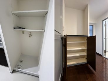 洗濯機はキッチンの横に。玄関先の収納。こちらは靴箱に。