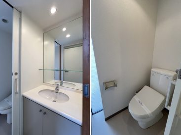 洗面台はさっぱりとしたデザイン。トイレは小窓が印象的で日中は電気を付けなくても良さそう。