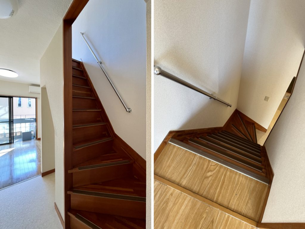 上下階を繋ぐ階段。結構急なつくり&踏み面も小さめです。 上下階を繋ぐ階段。結構急なつくり&踏み面も小さめです。