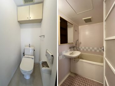 キッチンは玄関の横。タイルの浴室。