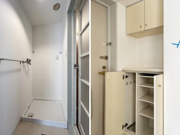 洗濯機置き場は浴室の横。玄関にはシューズボックスがひとつ。