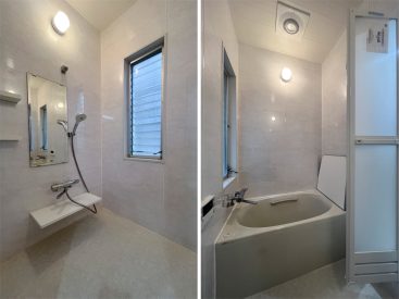 洗い場がかなり広いバスルーム。浴槽はコンパクトめ。