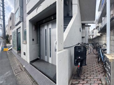 玄関前はクリニックがあります。建物右手に駐輪スペースがあります。