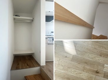 玄関登った先にある収納。木の素材もあちこちに。