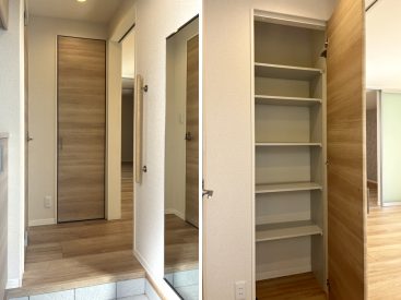 温かく出迎える玄関。全身鏡に靴箱、玄関上がった先も便利な収納が。