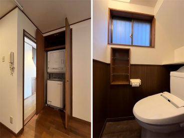 ダイニング入り口に洗濯機置き場。玄関からの廊下の途中にトイレがあります。