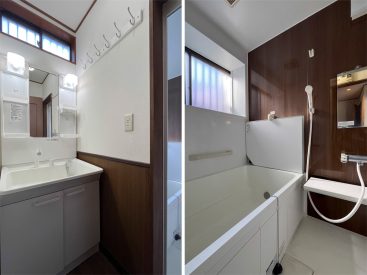 窓付きの脱衣場はコンパクト、バスルームにも窓が付いています。