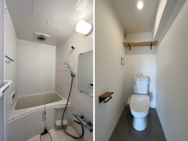 お風呂は浴室乾燥つき。トイレは木製の棚とペーパーホルダー。